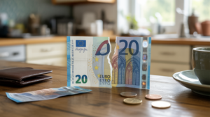 Photo réaliste d’un billet de 20 euros déchiré posé sur une table en bois, dans une scène du quotidien lumineuse et naturelle.