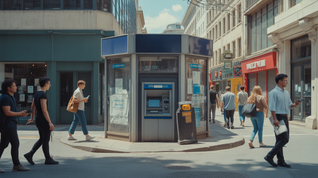 Scène de rue réaliste montrant un distributeur de billets fermé ou en cours de retrait dans une ville moderne, avec des passants utilisant des paiements sans contact et une atmosphère naturelle et authentique.