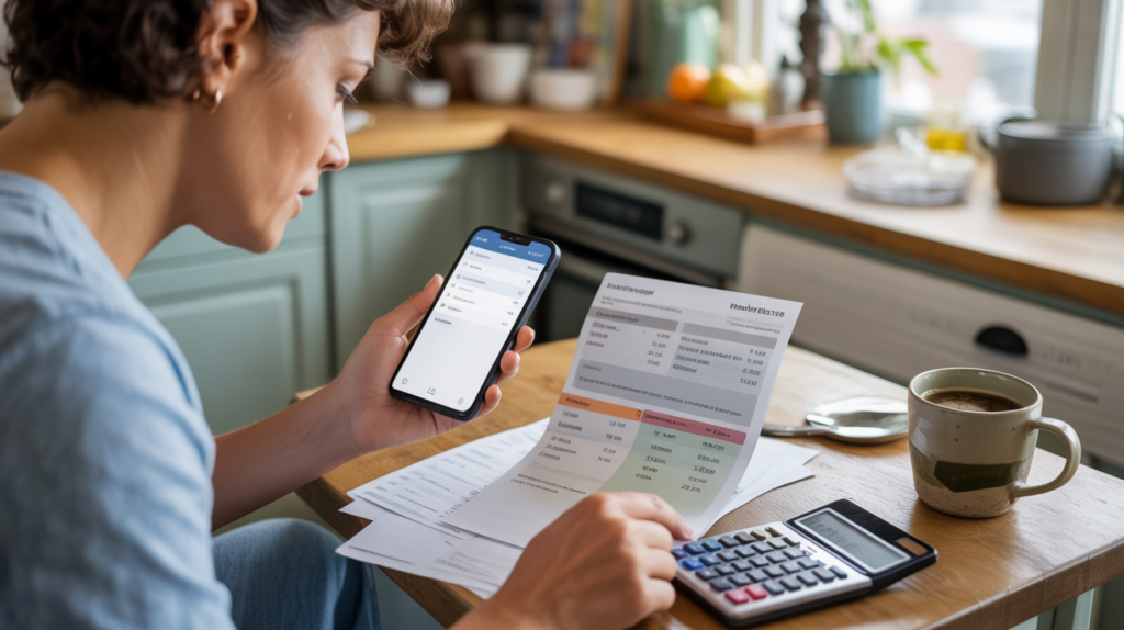 Personne examinant ses finances personnelles avec des relevés bancaires, un smartphone et des objets du quotidien sur une table de cuisine.