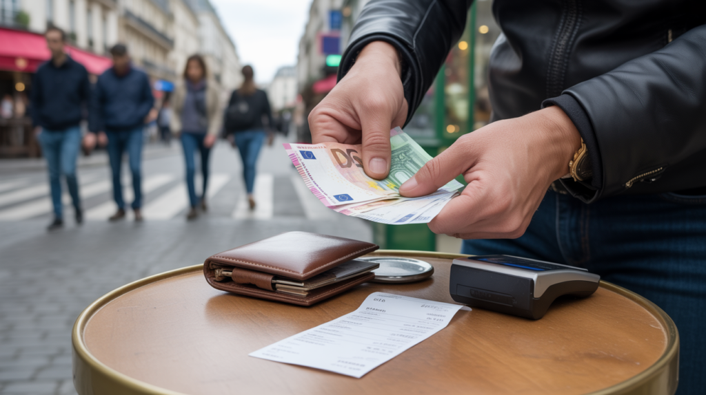 Scène réaliste dans un café parisien où une personne compte des billets et pièces en euros sur une table, avec l’architecture parisienne authentique en arrière-plan.
