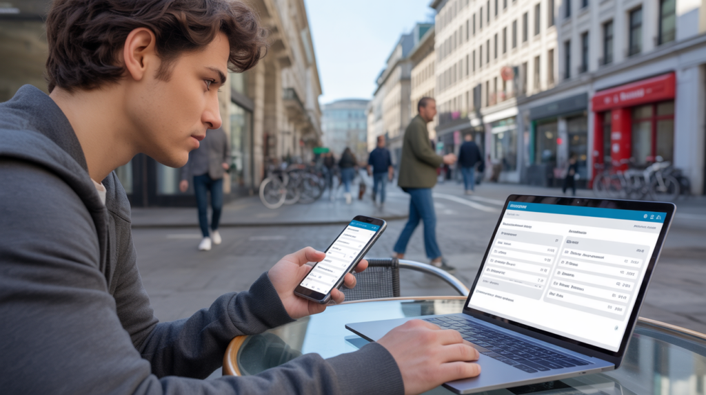 Personne assise à une terrasse de café en ville comparant le coût des banques sur un smartphone et un ordinateur portable dans une rue européenne animée.