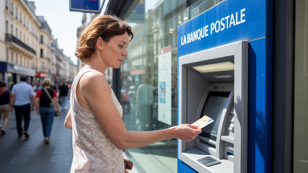 Scène réaliste devant une agence La Banque Postale avec une personne retirant de l’argent au distributeur.