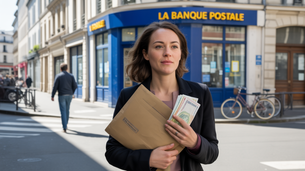 Client se rendant à une vraie agence de La Banque Postale en France pour effectuer un dépôt d’espèces, dans une scène de rue réaliste et naturelle.