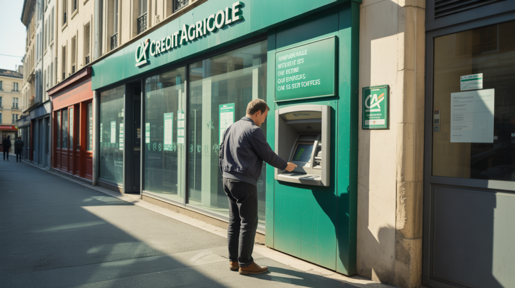Client devant un distributeur Crédit Agricole en train de consulter ses options de retrait, devant une agence française réaliste.