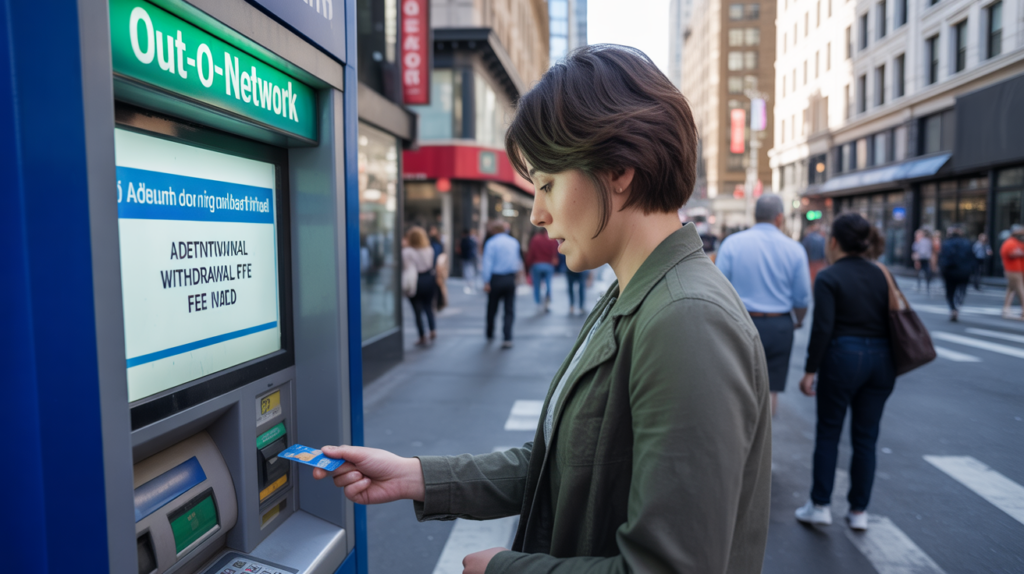 Personne utilisant un distributeur automatique hors réseau sur un trottoir urbain, découvrant un message de frais supplémentaires, dans une scène réaliste et naturelle.