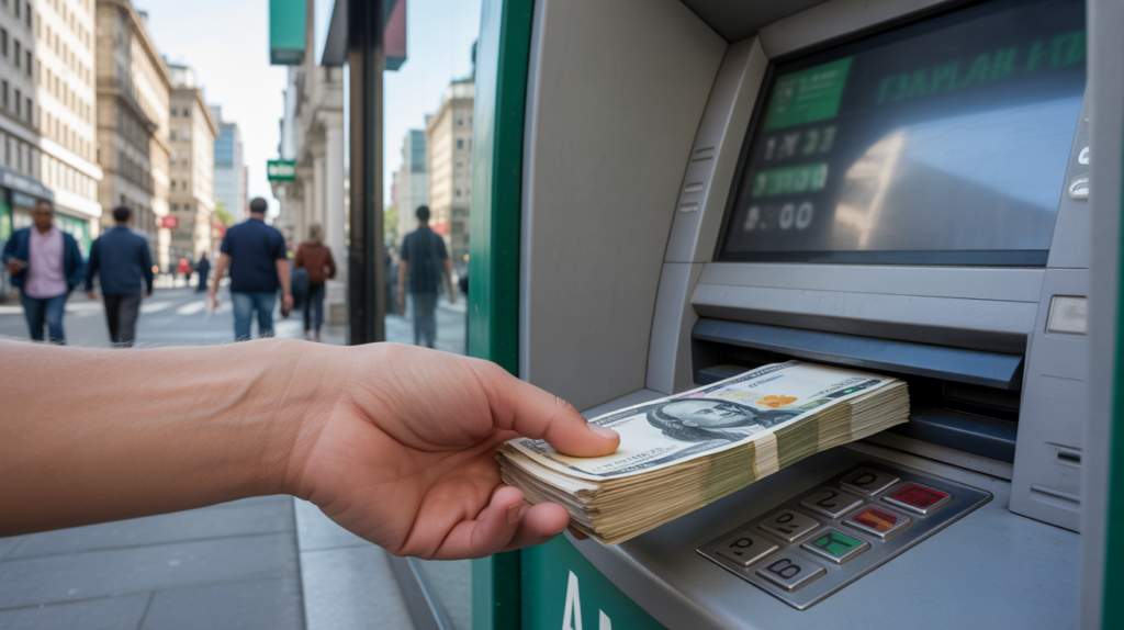 Personne déposant des espèces dans un distributeur automatique en extérieur, montrée de près avec des détails réalistes dans une scène de rue authentique.