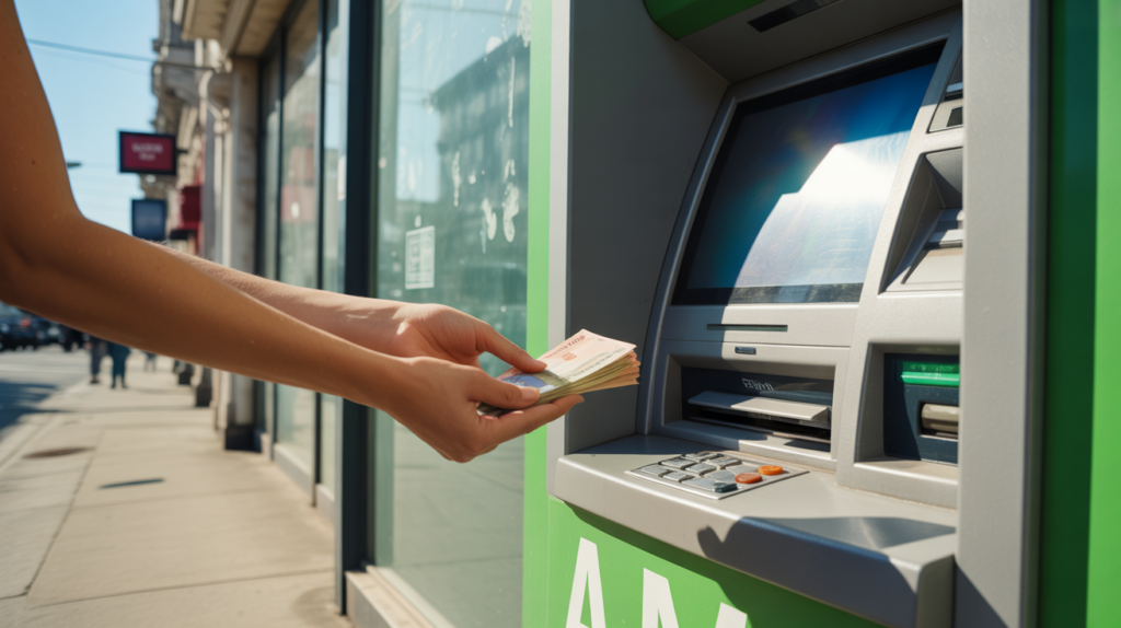 Personne en train de déposer des espèces dans un distributeur automatique devant une vraie banque, dans une scène urbaine réaliste et naturelle.