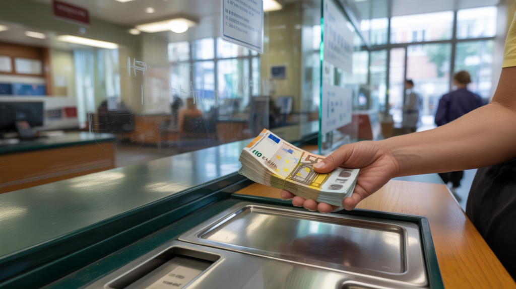 Client déposant des billets en euros au guichet d’une banque réelle, dans une scène authentique et lumineuse illustrant la notion de dépôt d’espèces.