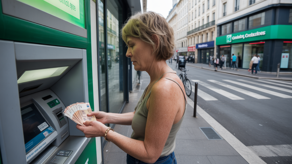 Scène réaliste d’une personne déposant des espèces à un distributeur automatique devant une banque française, avec une ambiance urbaine naturelle et des détails authentiques.