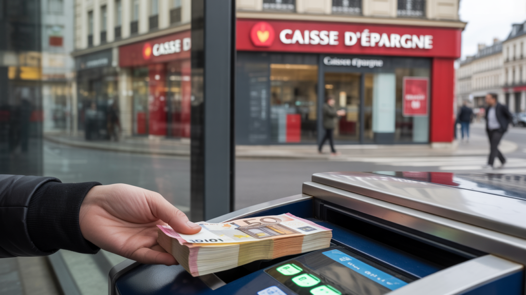 Client déposant des espèces dans une agence Caisse d'Épargne, scène de rue réaliste avec couleurs naturelles et détails authentiques