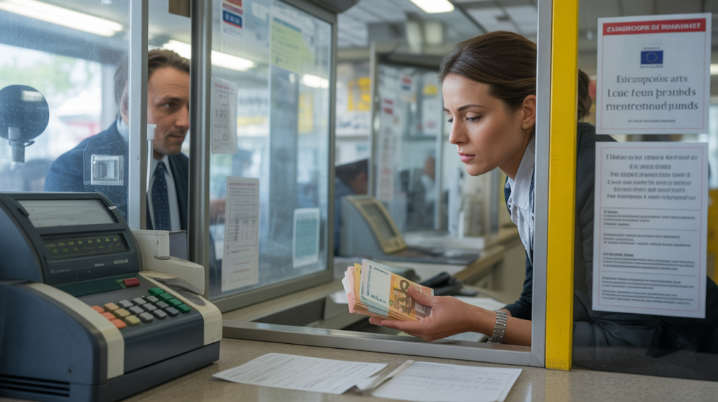 Scène réaliste dans une agence bancaire française avec un client déposant des espèces au guichet sous l’œil discret d’une caméra de sécurité.