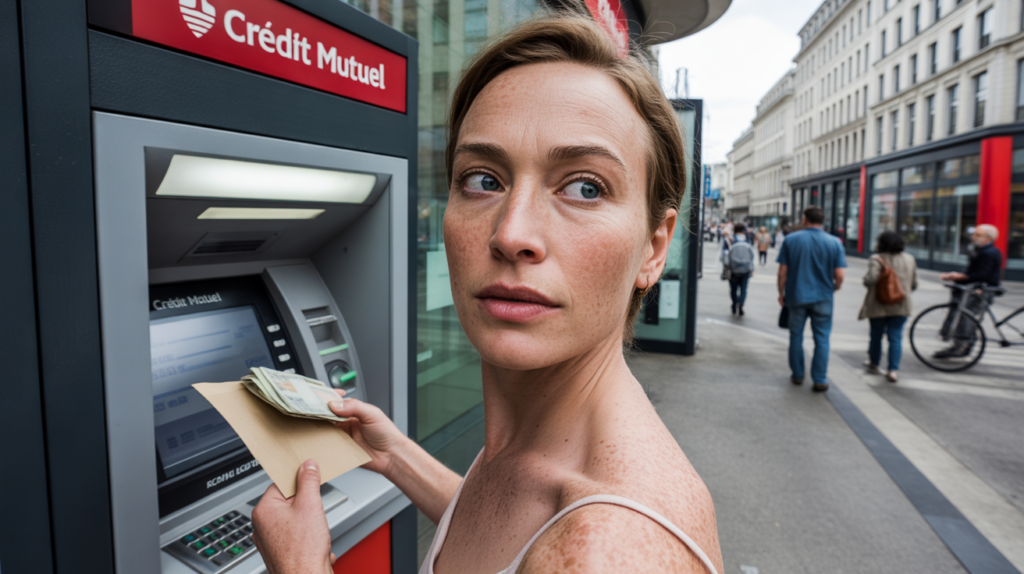 Personne déposant des espèces à un distributeur Crédit Mutuel devant une vraie agence, scène urbaine réaliste avec détails naturels.