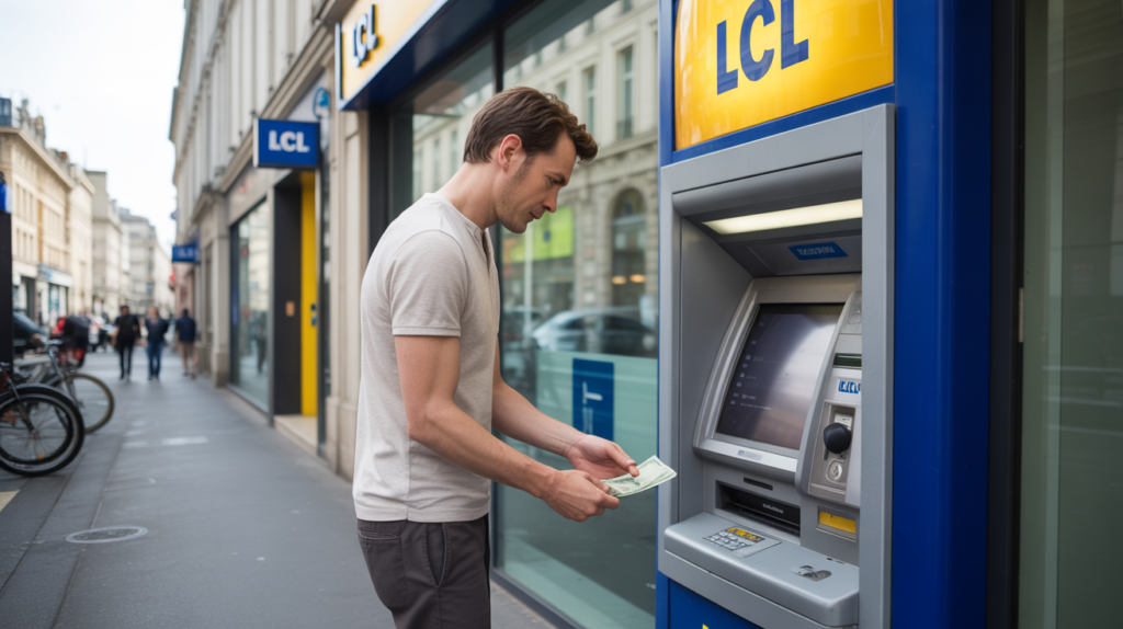 Scène réaliste devant une agence LCL où une personne dépose des espèces à un automate, avec un environnement urbain naturel et authentique.