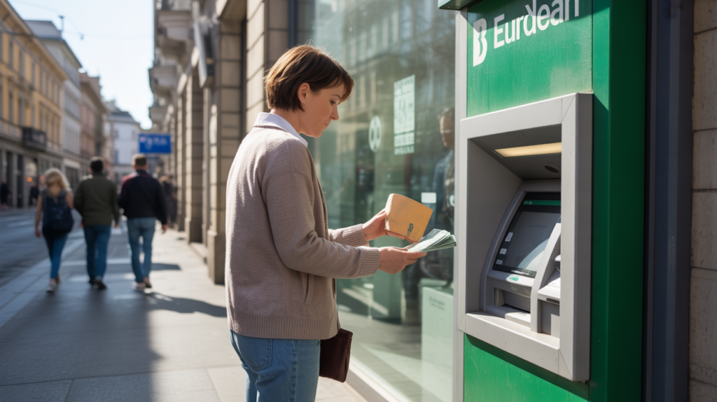 Scène réaliste devant une banque européenne où une personne dépose des espèces à un distributeur automatique un week‑end.