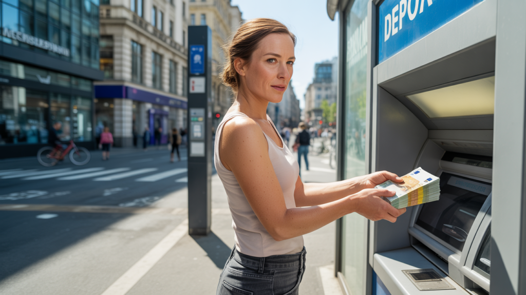 Client déposant des billets d’euros à un distributeur de banque en pleine rue dans une scène urbaine réaliste et naturelle.
