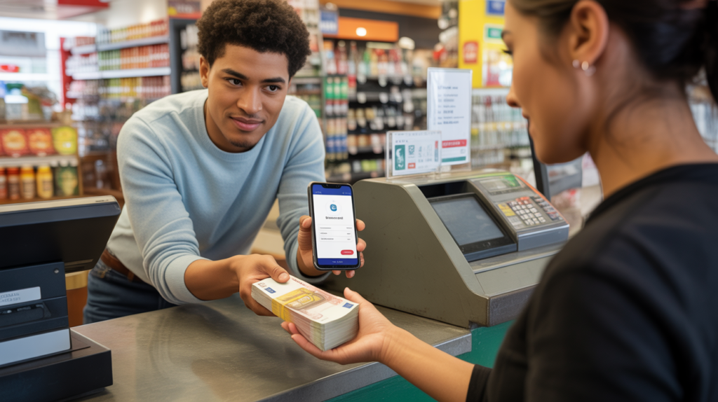 Personne déposant des espèces dans un magasin partenaire grâce à une application de banque en ligne, scène réaliste et naturelle.