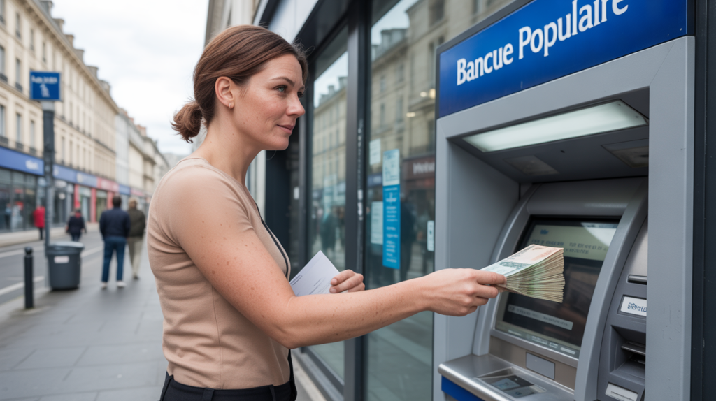 Scène réaliste d’un client déposant des espèces à un automate de dépôt devant une agence Banque Populaire.