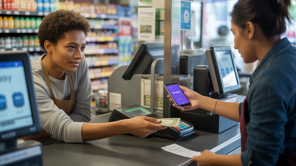 Personne déposant des espèces dans un magasin réel pour recharger son compte Revolut via un smartphone, scène naturelle et réaliste.