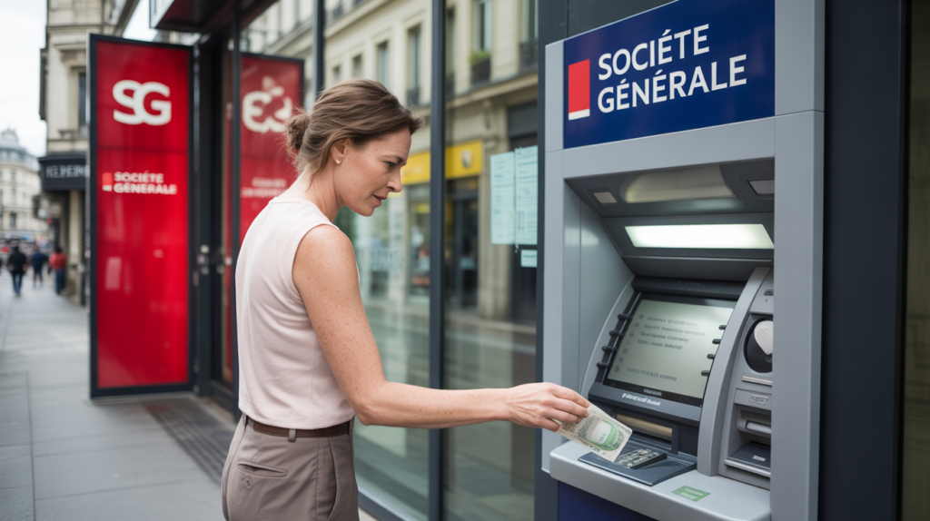 Scène réaliste devant une agence Société Générale en France avec un client utilisant un automate pour déposer des espèces, bâtiment authentique et lumière naturelle.
