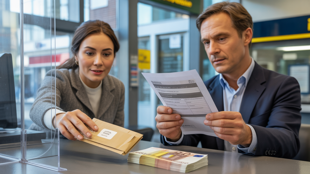Scène réaliste dans une véritable agence bancaire où un client dépose des espèces et un conseiller vérifie un formulaire, dans un décor naturel et authentique.