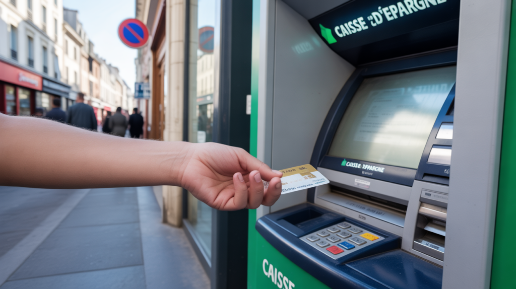 Personne retirant de l'argent à un distributeur Caisse d'Épargne dans une rue française, avec une scène réaliste, couleurs naturelles et détails authentiques.