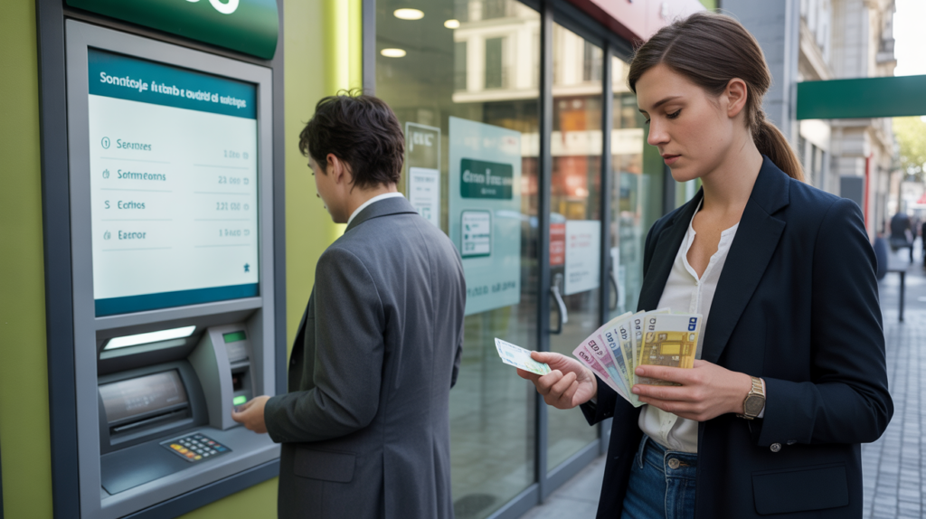 Scène réaliste dans une agence bancaire française en 2026 avec des clients utilisant un distributeur et manipulant des euros.