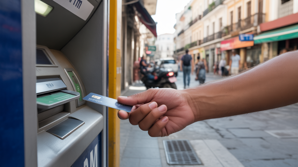 Voyageur retirant de l’argent à un distributeur à l’étranger avec une carte bancaire moderne dans une scène de rue authentique et réaliste.