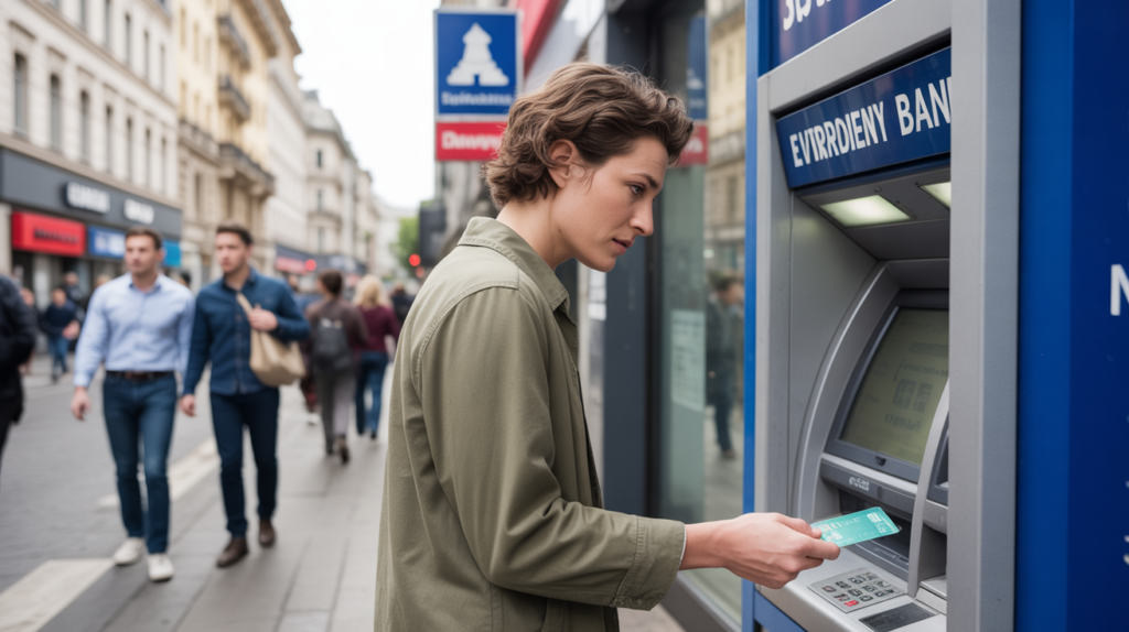 Personne retirant de l’argent à un distributeur d’une autre banque dans une rue urbaine européenne animée.