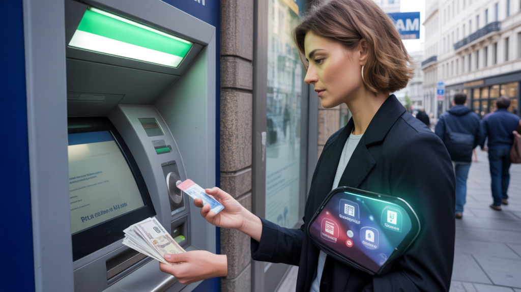 Personne retirant de l’argent à un distributeur automatique réel, scène urbaine naturelle et détaillée.