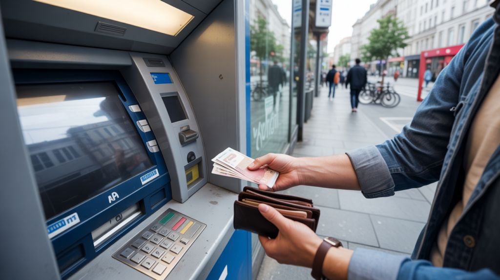 Personne retirant de l’argent à un distributeur en pleine rue dans une scène urbaine réaliste.
