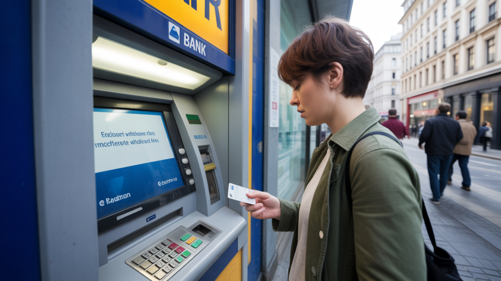 Personne retirant de l'argent à un distributeur d'une autre banque, avec une scène de rue réaliste et des détails authentiques.