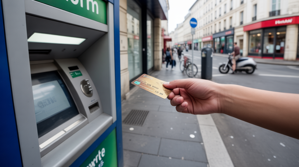 Personne retirant de l’argent à un distributeur d’une autre banque dans une rue française, scène réaliste et naturelle.