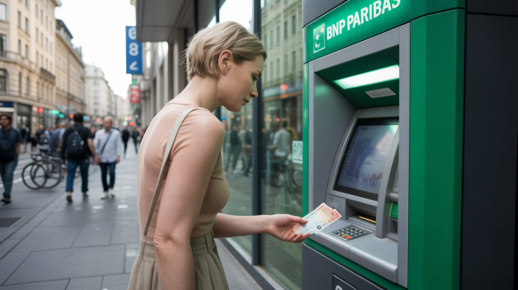 Personne retirant de l’argent à un distributeur BNP Paribas dans une rue animée, avec une scène réaliste et naturelle.