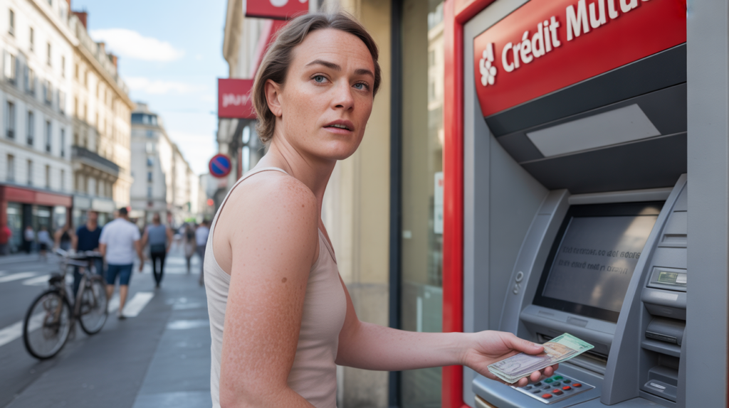 Scène réaliste devant une agence Crédit Mutuel, montrant une personne retirant de l'argent à un distributeur automatique dans une rue française.