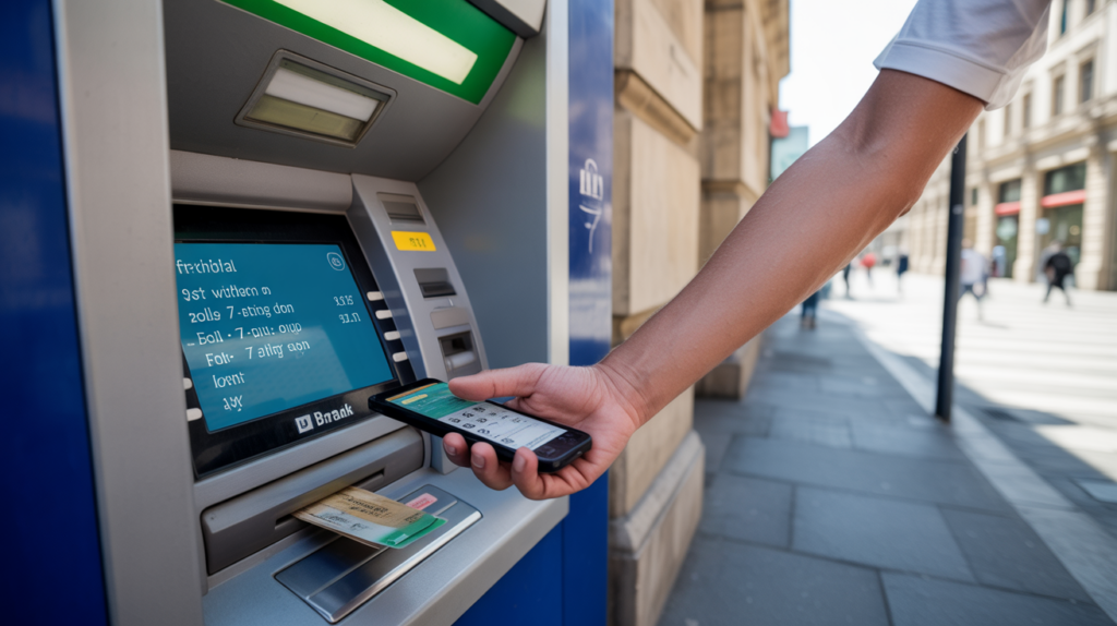 Personne retirant de l’argent à un distributeur automatique en vérifiant son application bancaire, scène de rue réaliste et naturelle.