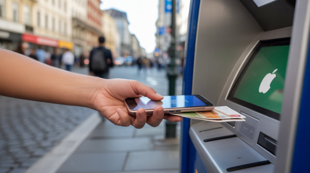 Personne retirant de l’argent à un DAB avec son smartphone en utilisant Apple Pay ou Google Pay dans une rue européenne réaliste.
