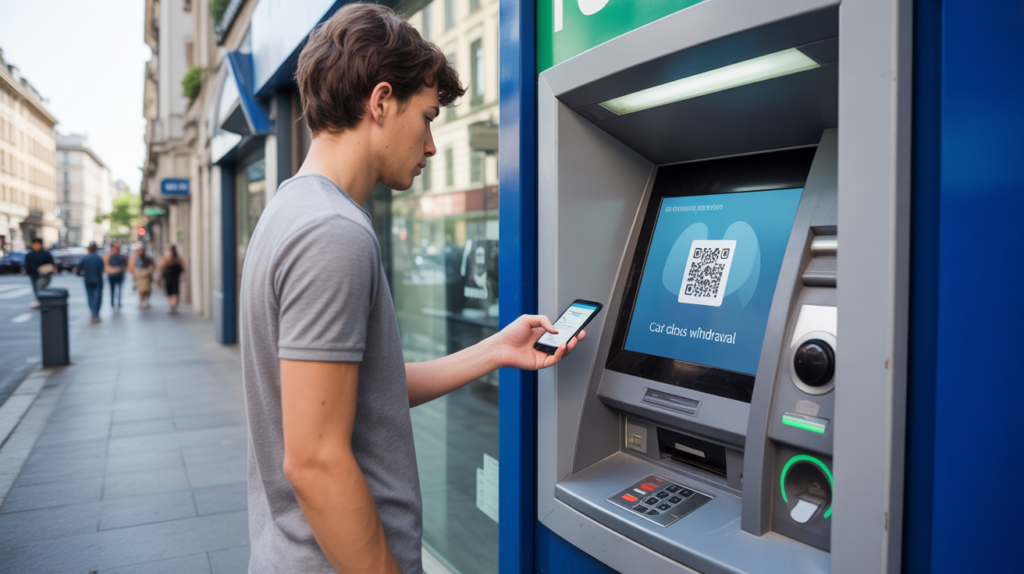 Personne retirant de l’argent à un distributeur en utilisant son smartphone pour un retrait sans carte, dans une scène urbaine réaliste.