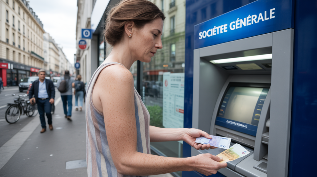 Client retirant de l’argent à un distributeur automatique devant une véritable agence Société Générale dans une rue française.