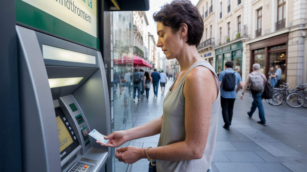 Voyageur utilisant un distributeur automatique en pleine rue européenne animée, scène réaliste illustrant les retraits en zone euro.
