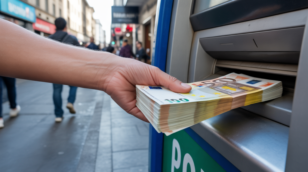 Personne retirant une liasse de billets en euros à un distributeur automatique dans une rue européenne, scène réaliste et naturelle.