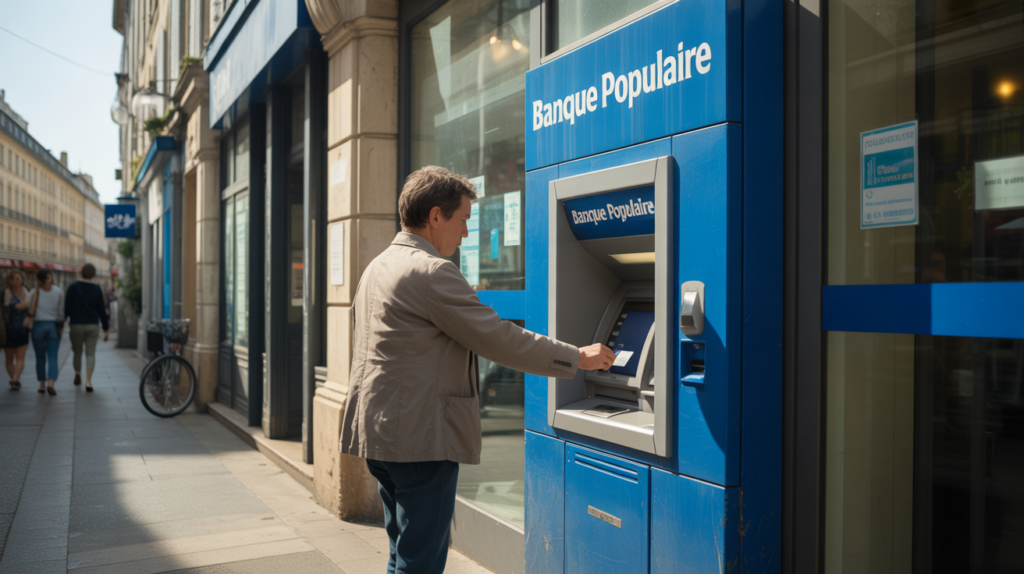 Scène réaliste d'un client utilisant un distributeur Banque Populaire en extérieur, avec un bâtiment authentique, des couleurs naturelles et des détails du quotidien.