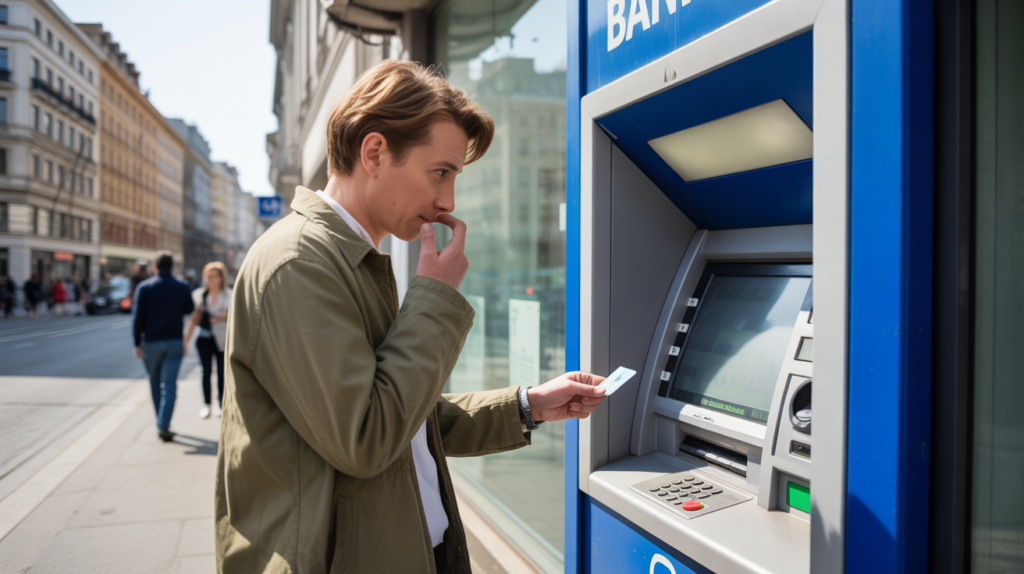 Personne réfléchissant devant un distributeur automatique dans une rue européenne, avec une scène urbaine réaliste et authentique.