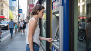 Scène réaliste d’une personne retirant de l’argent à un distributeur en pleine rue, dans un environnement urbain authentique et naturel.