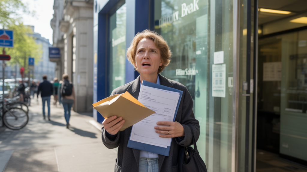 Personne sortant d’une véritable banque européenne après une démarche de retrait exceptionnel, dans une scène urbaine réaliste et naturelle.