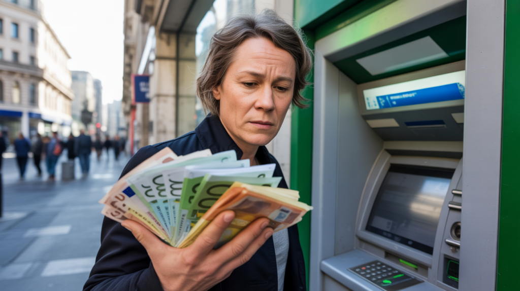 Personne retirant une grosse somme d’argent dans un distributeur bancaire réel en ville, scène naturelle et authentique.