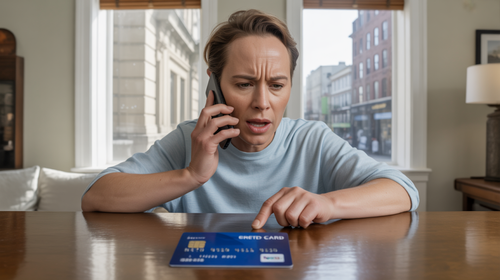 Personne appelant en urgence sa banque depuis son salon lumineux pour faire opposition à une carte bancaire posée sur la table.