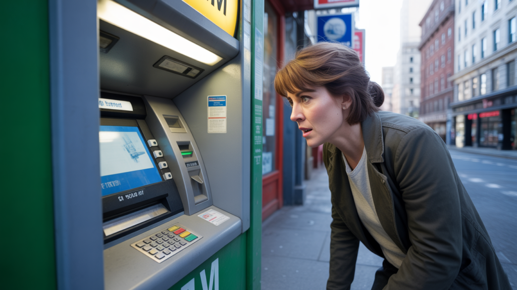 Scène réaliste montrant une personne découvrant un distributeur automatique présentant des signes subtils de fraude dans une rue urbaine authentique.