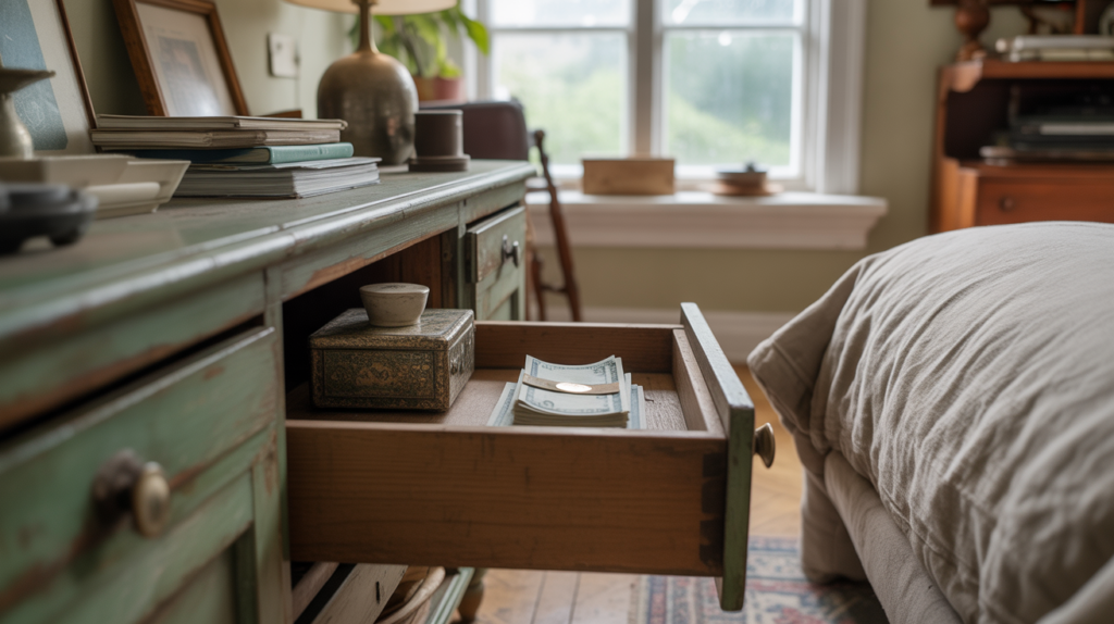 Intérieur de maison réaliste avec un tiroir légèrement ouvert révélant subtilement une petite cachette parmi des objets du quotidien.