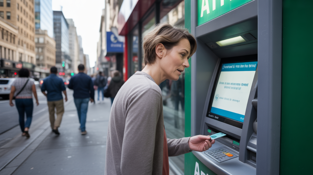 Personne préoccupée devant un distributeur automatique ayant retenu sa carte, dans une rue urbaine réaliste et animée.