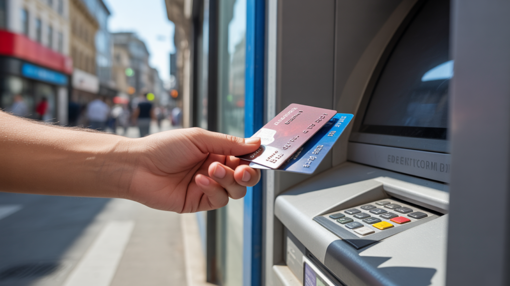 Scène réaliste d’une personne retirant de l’argent à un distributeur automatique en tenant une carte de débit et une carte de crédit.